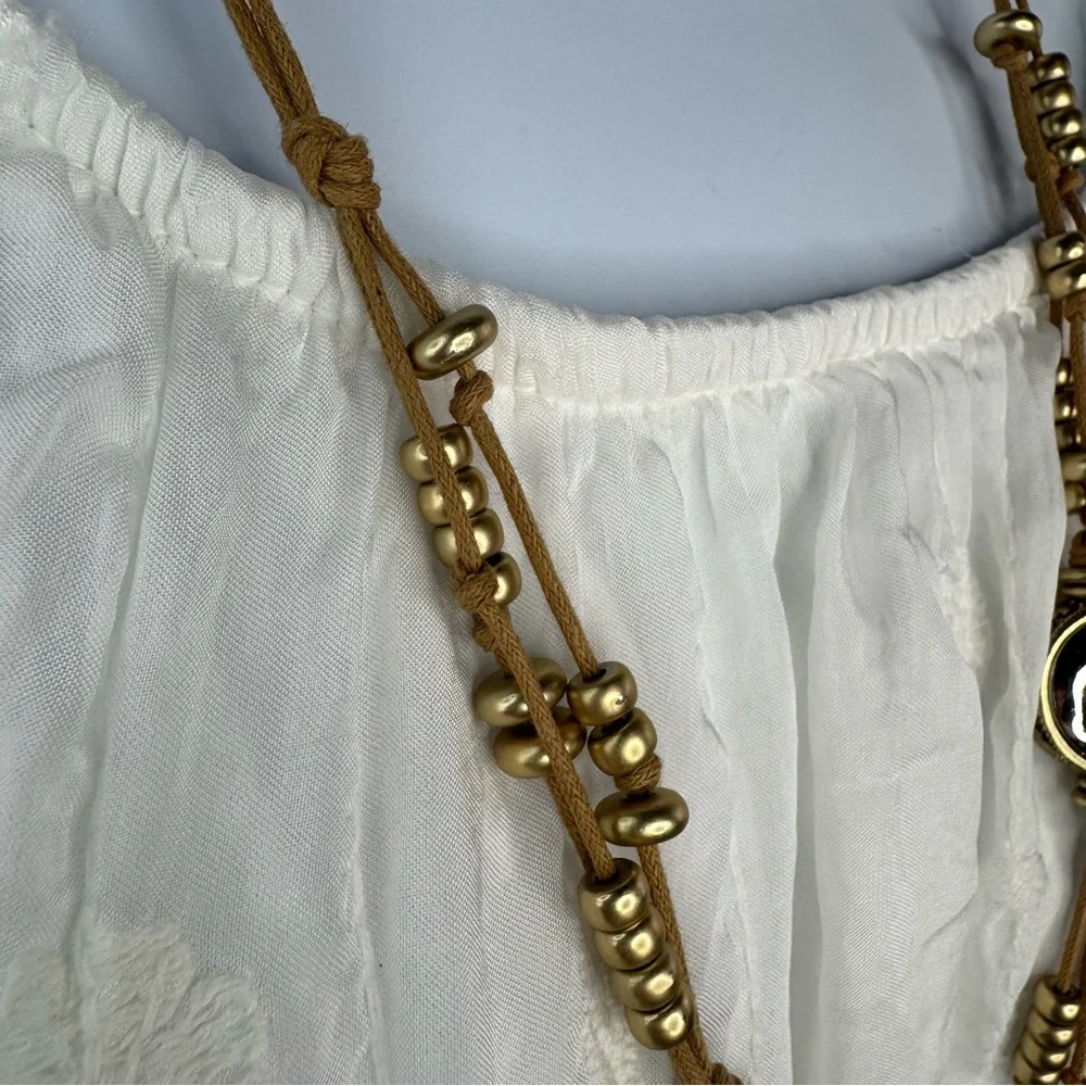 Chico's Tan and Gold Beaded Necklace on a Tan Leather Strap long EUC - Picture 10 of 10